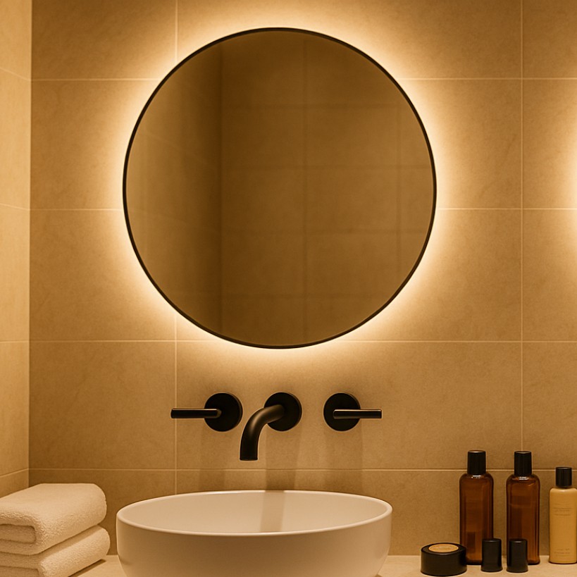 Commercial restroom environment with coordinated fixtures